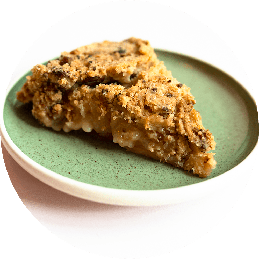 Apple crumb pie slice with Hudson Valley apples and buttery pecan crumb from Petee's NYC