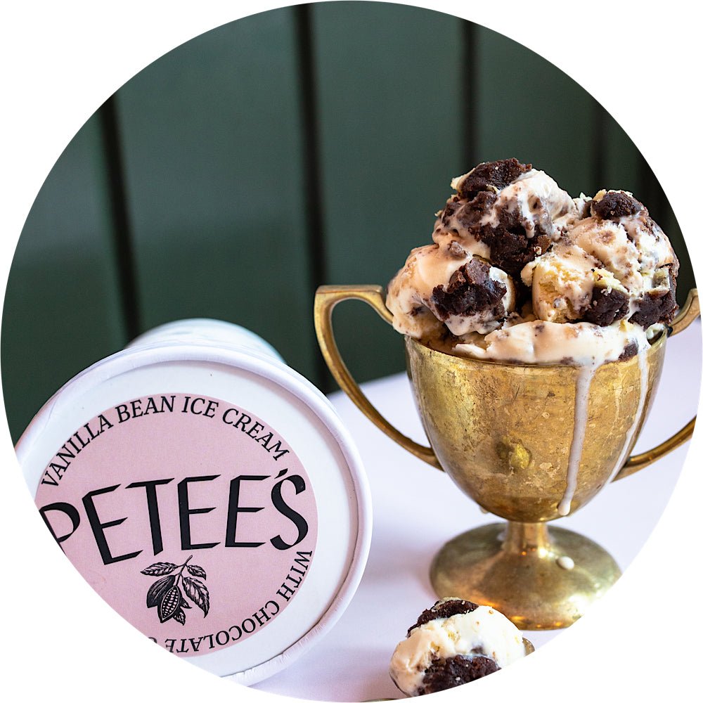 Vanilla ice cream pint with salty chocolate pie chunks from Petee's NYC bakery