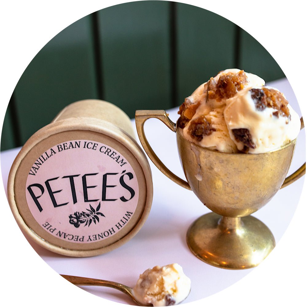 Pecan pie ice cream pint with gooey pie pieces and NY honey from Petee's Pie Company