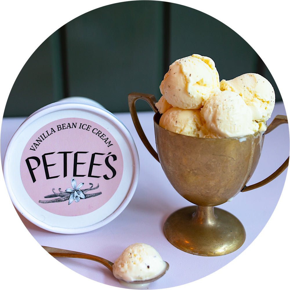 Homemade vanilla bean ice cream pint with real vanilla beans from Petee's Pie Company NYC