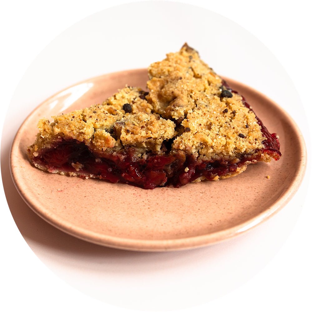 NY sour cherry crumb pie slice with tart cherries and buttery crumb from Petee's bakery NYC